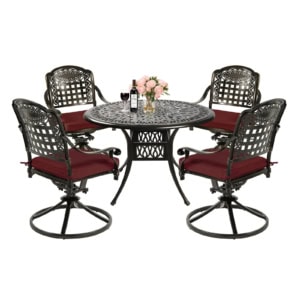 MEETWARM 5-Piece Outdoor Patio Dining Set, All-Weather Cast Aluminum Patio Conversation Set With 4 Cushions Swivel Rocker Chairs For Backyard Garden Deck And 35.4" Round Table