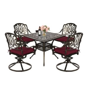 MEETWARM 5-Piece Outdoor Patio Dining Set, All-Weather Cast Aluminum Patio Conversation Set For Backyard Garden Deck With 4 Cushions Swivel Rocker Chairs And 35.4" Square Table, 2.2" Umbrella Hole, UPC ：717981364303