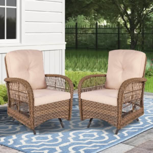 MEETWARM Patio Wicker Rocking Glider Set, All-Weather Outdoor Rattan Patio Rocking Chairs Of 2, Patio Conversation Set With Thickened Cushions For Porch Garden & Backyard