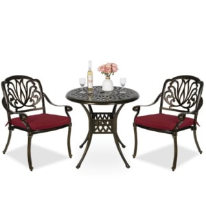 MEETWARM 3 Piece Patio Bistro Set, Outdoor All-Weather Cast Aluminum Dining Furniture Set Includes 2 Chairs And A 31" Round Table With Umbrella Hole For Garden Deck