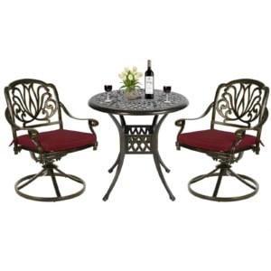 MEETWARM 3-Piece Outdoor Patio Dining Set, All-Weather Cast Aluminum Patio Conversation Set For Backyard Garden Deck With 2 Cushions Swivel Rocker Chairs And 31" Round Table, Umbrella Hole