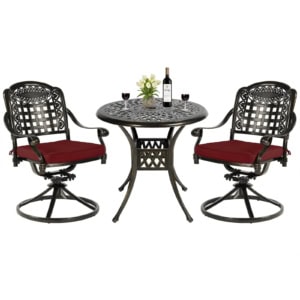 MEETWARM 3-Piece Outdoor Patio Dining Set, All-Weather Cast Aluminum Patio Conversation Set With 2 Cushions Swivel Rocker Chairs And 31" Round Table For Backyard Garden Deck, Umbrella Hole