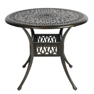 MEETWARM 35.4" Round Patio Dinning Table, Outdoor Cast Aluminum Dinning Table With 2" Umbrella Hole