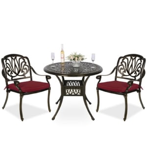 MEETWARM 3 Piece Patio Bistro Set, Outdoor All-Weather Cast Aluminum Dining Furniture Set Includes 2 Chairs And A 35.4" Round Table With Umbrella Hole For Garden Deck
