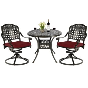 MEETWARM 3-Piece Outdoor Patio Dining Set, All-Weather Cast Aluminum Patio Conversation Set, 2 Cushions Swivel Rocker Chairs And 35.4" Round Table For Backyard Garden Deck, Umbrella Hole, UPC: 717813853128