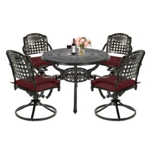 MEETWARM 5-Piece Outdoor Patio Dining Set, All-Weather Cast Aluminum Patio Conversation Set With 4 Cushions Swivel Rocker Chairs For Backyard Garden Deck And 38.5" Round Table