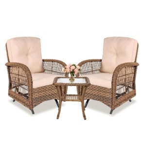 MEETWARM 3 Pieces Outdoor Patio Wicker Rocking Glider Set, Rocking Chairs Rattan Patio Furniture Sets With Glass-Top Coffee Table And Thickened Cushion, Conversation Bistro Set