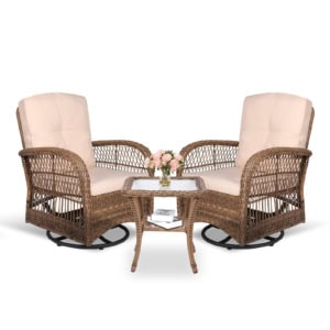 MEETWARM 3 Pieces Outdoor Wicker Swivel Rocker Patio Set, Rocking Chairs Rattan Patio Furniture Sets With Thickened Cushion And Glass-Top Coffee Table, Conversation Bistro Set For Porch
