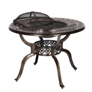 MEETWARM 40.3" Patio Fire Pit Dining Table Round Charcoal And Wood Burning, Outdoor All Weather Cast Aluminum Patio Furniture With Fire Bowl, Cooking BBQ Grill, Wood Grate, Spark Screen And Poker
