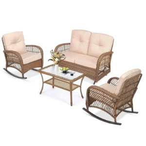 MEETWARM 4 Pieces Outdoor Wicker Patio Conversation Sets With Glider Loveseat, 2 Chairs With Glass-Top Coffee Table Wicker Rocking Chair Set, Wicker Conversation Set With Thickened Cushions