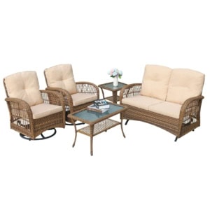 MEETWARM 5 Pieces Outdoor Patio Rattan Furniture Sets, All Weather Patio Wicker Conversation Set - 2 Rocking Swivel Chairs 1 Rattan Loveseat Glider With Cushions, 2 Glass-Top Coffee Table