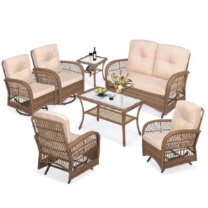 MEETWARM 7 Pieces Outdoor Patio Rattan Furniture Sets, All Weather Patio Wicker Conversation Set- 2 Rocking Glider, 2 Swivel Chairs, 1 Loveseat Glider With Cushions, 2 Glass-Top Coffee Table
