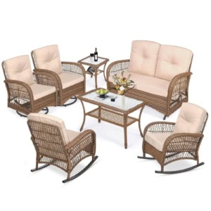 MEETWARM 7 Pieces Outdoor Patio Rattan Furniture Sets, All Weather Patio Wicker Conversation Set- 2 Rocking Chairs, 2 Swivel Chairs, 1 Loveseat Glider With Cushions, 2 Glass-Top Coffee Table, UPC：717021265652