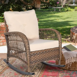 MEETWARM Outdoor Wicker Rocking Chair, Rattan Patio Rocker Chairs With Cushion And Steel Frame