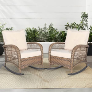 MEETWARM Outdoor Wicker Patio Rocking Chair Cushioned Rattan Rocker Chair For Porch, Deck, Poolside With Steel Frame, Weather-Resistant Cushions, Set Of 2