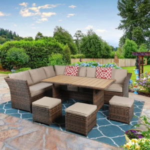 MEETWARM 7 Pieces Wicker Patio Furniture Set Outdoor Conversation Set All Weather Rattan Sectional Sofa Couch Garden Dining Table Chair Set With Ottoman