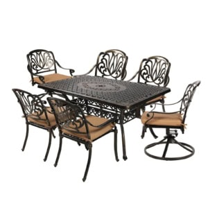 MEETWARM 7-Piece Outdoor Patio Dining Set, All-Weather Cast Aluminum Patio Conversation Set With 2 Swivel Rocker Chairs, 4 Stationary, 1 Rectangular Table, 6 Cushions, 2" Umbrella Hole, UPC: 717981364280