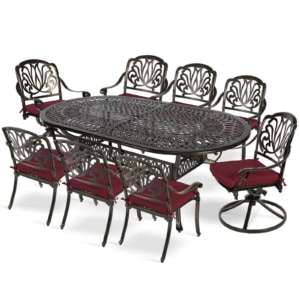 MEETWARM 9-Piece Outdoor Patio Dining Set, All-Weather Cast Aluminum Patio Conversation Set With 2 Swivel Rocker Chairs, 6 Stationary, 1 Oval Table, 8 Cushions, 2" Umbrella Hole