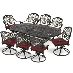 MEETWARM 9-Piece Outdoor Patio Dining Set, All-Weather Cast Aluminum Patio Conversation Set For Backyard Garden Deck With 8 Cushioned Swivel Rocker Chairs, 1 Oval Table, 2" Umbrella Hole