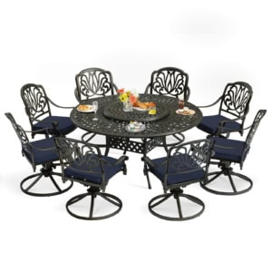 MEETWARM 9-Piece Outdoor Patio Dining Set, All-Weather Cast Aluminum Patio Conversation Set- 8 Cushioned Swivel Rocker, 61" Round Patio Dining Table W/Detachable Lazy Susan/Umbrella Hole, UPC: 774113656897
