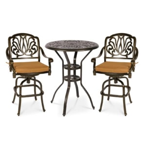 MEETWARM 3-Piece Patio Swivel Bar Set, All-Weather Cast Aluminum Outdoor High Bar Stool Bistro Set For Backyard Garden Deck With 2 Cushions Bar Chairs With Footrest And 31" Bar Table, 2" Umbrella Hole