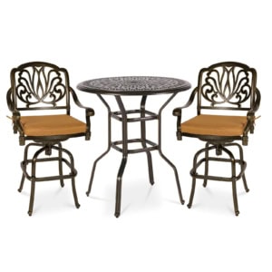 MEETWARM 3-Piece Patio Swivel Bar Set, All-Weather Cast Aluminum Outdoor High Bar Stool Bistro Set For Backyard Garden With 2 Cushions Bar Chairs With Footrest And 35.4" Bar Table, 2" Umbrella Hole