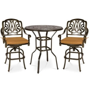 MEETWARM 3-Piece Patio Swivel Bar Set, All-Weather Cast Aluminum Outdoor High Bar Stool Bistro Set For Backyard Garden W/2 Cushions Bar Chairs With Footrest And 38.5" Bar Table, 2" Umbrella Hole