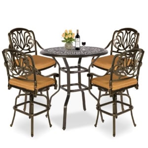 MEETWARM 5-Piece Patio Swivel Bar Set, All-Weather Cast Aluminum Outdoor High Bar Stool Bistro Set For Backyard Garden With 4 Cushions Bar Chairs With Footrest And 35.4" Bar Table, 2" Umbrella Hole