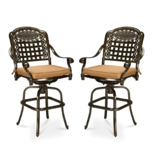 MEETWARM 2 Piece Outdoor Patio Swivel Bar Stools, All-Weather Cast Aluminum Bar Height Bistro Chairs With Cushions, Outdoor Furniture Bar Dining Chair Set For Garden Deck Backyard