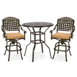 MEETWARM 3-Piece Patio Swivel Bar Set, All-Weather Cast Aluminum Outdoor High Bar Stool Bistro Set For Backyard Garden Deck W/2 Cushions Bar Chairs With Footrest And 35.4" Bar Table, 2" Umbrella Hole