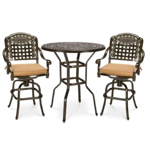 MEETWARM 3-Piece Patio Swivel Bar Set, All-Weather Cast Aluminum Outdoor High Bar Stool Bistro Set For Backyard Garden With 2 Cushions Bar Chairs With Footrest And 38.5" Bar Table, 2" Umbrella Hole