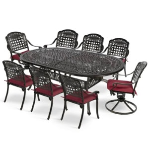 MEETWARM 9-Piece Outdoor Patio Dining Set, All-Weather Cast Aluminum Patio Conversation Set With 6 Stationary, 2 Swivel Rocker Chairs, 1 Oval Table, 8 Cushions, 2" Umbrella Hole