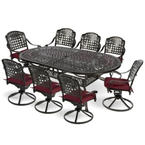 MEETWARM 9-Piece Outdoor Patio Dining Set, All-Weather Cast Aluminum Patio Conversation Set With 8 Cushioned Swivel Rocker Chairs For Backyard Garden Deck, 1 Oval Table, 2" Umbrella Hole