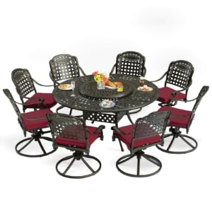 MEETWARM Outdoor 9-Piece Patio Dining Set, All-Weather Cast Aluminum Patio Conversation Set- 8 Cushioned Swivel Rocker, 61" Round Patio Dining Table W/Detachable Lazy Susan/Umbrella Hole