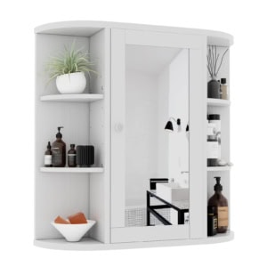 MEETWARM Bathroom Cabinet Wall Mounted Multipurpose Hanging Cupboard Kitchen Medicine Storage Organizer With Mirror Single Door And 2 Adjustable Shelves
