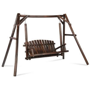 MEETWARM Wooden 2-Seat Porch Swing With A-Frame Stand, Outdoor Patio Swing Chair Bench W/Slatted Design, Outside Swing Bench W/550lbs High Capacity For Garden Patio Backyard Porch