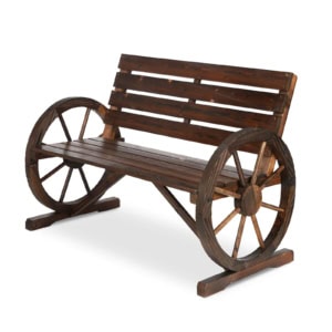 MEETWARM Outdoor Wooden Wagon Wheel Bench, Rustic 2-Person Seat Patio Bench W/Slatted Design And Carbonized Finish, Outdoor Patio Furniture W/550lbs High Capacity For Garden Patio Backyard Porch