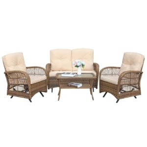 MEETWARM 4 Pieces Outdoor Wicker Patio Conversation Sets With Glider Loveseat, 2 Chairs With Glass-Top Coffee Table Wicker Rocking Glider Set, Wicker Conversation Set With Thickened Cushions