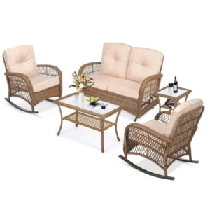 MEETWARM 5 Pieces Outdoor Wicker Patio Conversation Sets With Glider Loveseat, 2 Chairs With 2 Glass-Top Coffee Table Wicker Rocking Glider Set, Wicker Conversation Set With Thickened Cushions