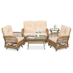 MEETWARM 5 Pieces Outdoor Wicker Patio Conversation Sets With Glider Loveseat, 2 Chairs With 2 Glass-Top Coffee Table Wicker Rocking Glider Set, Wicker Conversation Set With Thickened Cushions