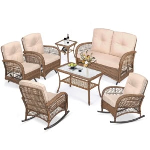 MEETWARM 7 Pieces Outdoor Wicker Patio Conversation Sets With Glider Loveseat, 4 Chairs With 2 Glass-Top Coffee Table Wicker Rocking Glider Set, Wicker Conversation Set With Thickened Cushions, UPC: 717021265591