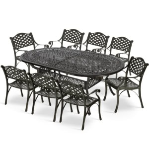 MEETWARM 9-Piece Outdoor Patio Dining Set, 8 Outdoor Dining Chairs and 1 Oval Table with 2" Umbrella Hole, All Weather Cast Aluminum Patio Funiture Set for Backyard, Garden, Patio