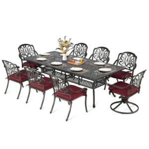 MEETWARM 9-Piece Outdoor Patio Dining Set, All Weather Cast Aluminum Patio Funiture Table and Chairs Set- 94.5” Rectangular Table and 2 Swivel Rocker Chairs, 6 Stationary, Umbrella Hole