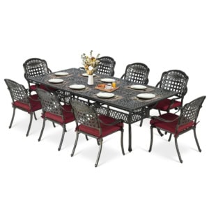 MEETWARM 9-Piece Outdoor Patio Dining Set, All Weather Cast Aluminum Patio Funiture Set for 8-94.5” Rectangular Table with 2" Umbrella Hole and 8 Chairs, Patio Table and Chairs Set