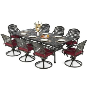 MEETWARM 9-Piece Outdoor Patio Dining Set, All Weather Cast Aluminum Patio Funiture Table and Chairs Set- 94.5” Rectangular Table and 8 Cushioned Swivel Rocker Chairs, Umbrella Hole