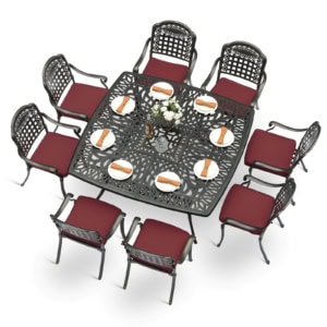 MEETWARM 9-Piece Outdoor Furniture Dining Set for 8, All Weather Cast Aluminum Patio Dining Set- Large 64" Square Table with Umbrella Hole, 8 Cushioned Chairs, Patio Table and Chairs Set