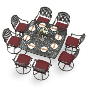 MEETWARM 9-Piece Outdoor Patio Dining Set, All Weather Cast Aluminum Patio Funiture Table and Chairs Set- Large 64" Square Table and 8 Cushioned Swivel Rocker Chairs, Umbrella Hole