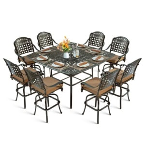 MEETWARM 9-Piece Outdoor Patio Swivel Bar Set, All Weather Cast Aluminum Patio Bar Table and Chairs Set with 8 Cushioned Swivel Bar Stools, Large 64" Square Patio Bar Height Table, 2.2" Umbrella Hole