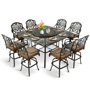 MEETWARM 10-Piece Outdoor Bar Set, All Weather Cast Aluminum Patio Bar Furniture with 8 Cushioned Swivel Bar Stools, Large 64" Square Patio Bar Height Table with Detachable Lazy Susan, Umbrella Hole