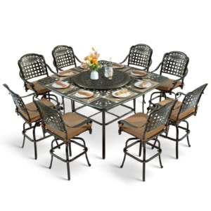 MEETWARM 10-Piece Outdoor Bar Set, All Weather Cast Aluminum High Patio Dining Set with 8 Cushioned Swivel Bar Stools, Large 64" Square Patio Bar Height Table with Detachable Lazy Susan, Umbrella Hole